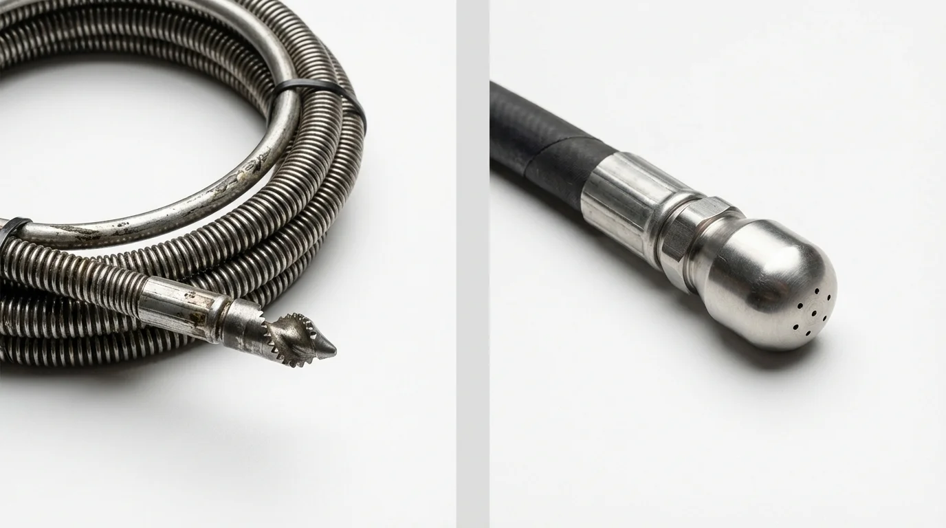 Drain snake cable and hydro jetting nozzle used for drain cleaning in Bridgeport, AL