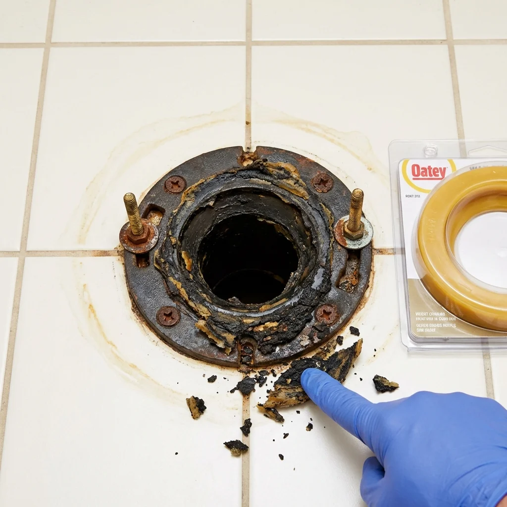 Failed wax ring showing water seepage at the base of a toilet in a Bridgeport, AL home
