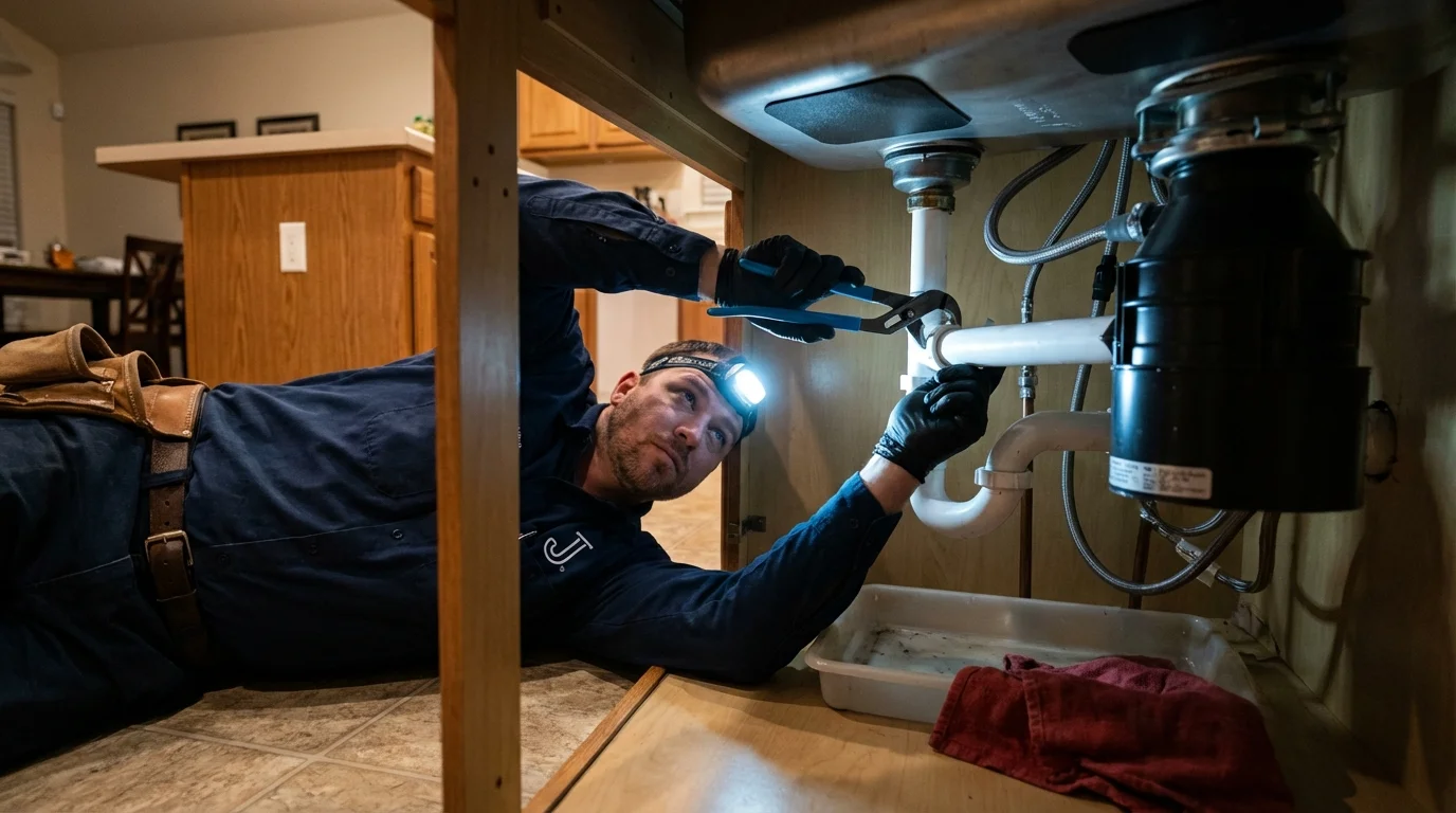 P-trap and supply line connections under a kitchen sink showing a common leak point in Bridgeport, AL